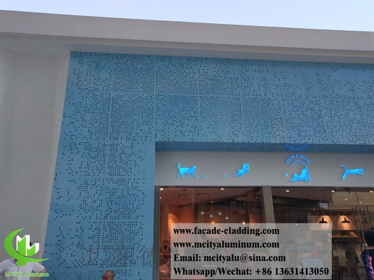 China Perforated aluminium wall panel metal facade cladding blue color PVDF hollow pattern with LED light supplier